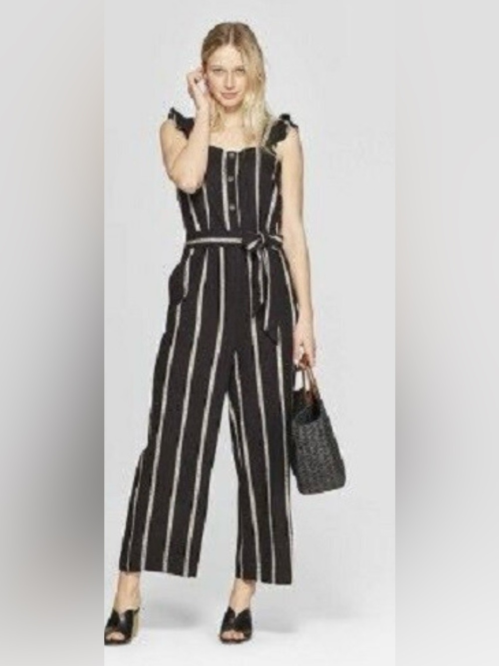 Who What Wear Black Striped Wide Leg Jumpsuit Large